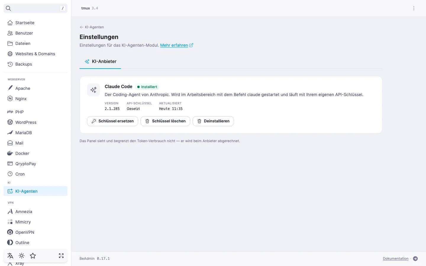 Moduleinstellungen, Tab „KI-Anbieter“ — die Karte des Anbieters mit gesetztem gemeinsamem Schlüssel