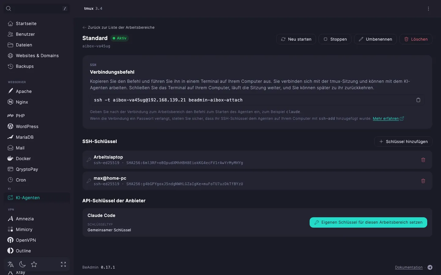 Seite des Arbeitsbereichs — der Abschnitt „SSH-Schlüssel“ mit zwei Schlüsseln, jeweils mit Kommentar, Schlüsseltyp und Fingerabdruck, und die Schaltfläche „Schlüssel hinzufügen“