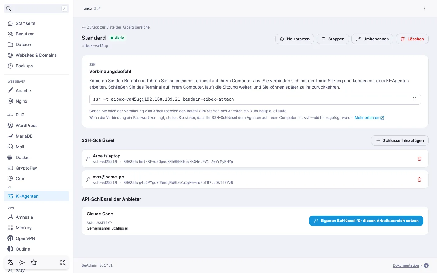 Seite des Arbeitsbereichs — der Abschnitt „SSH-Schlüssel“ mit zwei Schlüsseln, jeweils mit Kommentar, Schlüsseltyp und Fingerabdruck, und die Schaltfläche „Schlüssel hinzufügen“