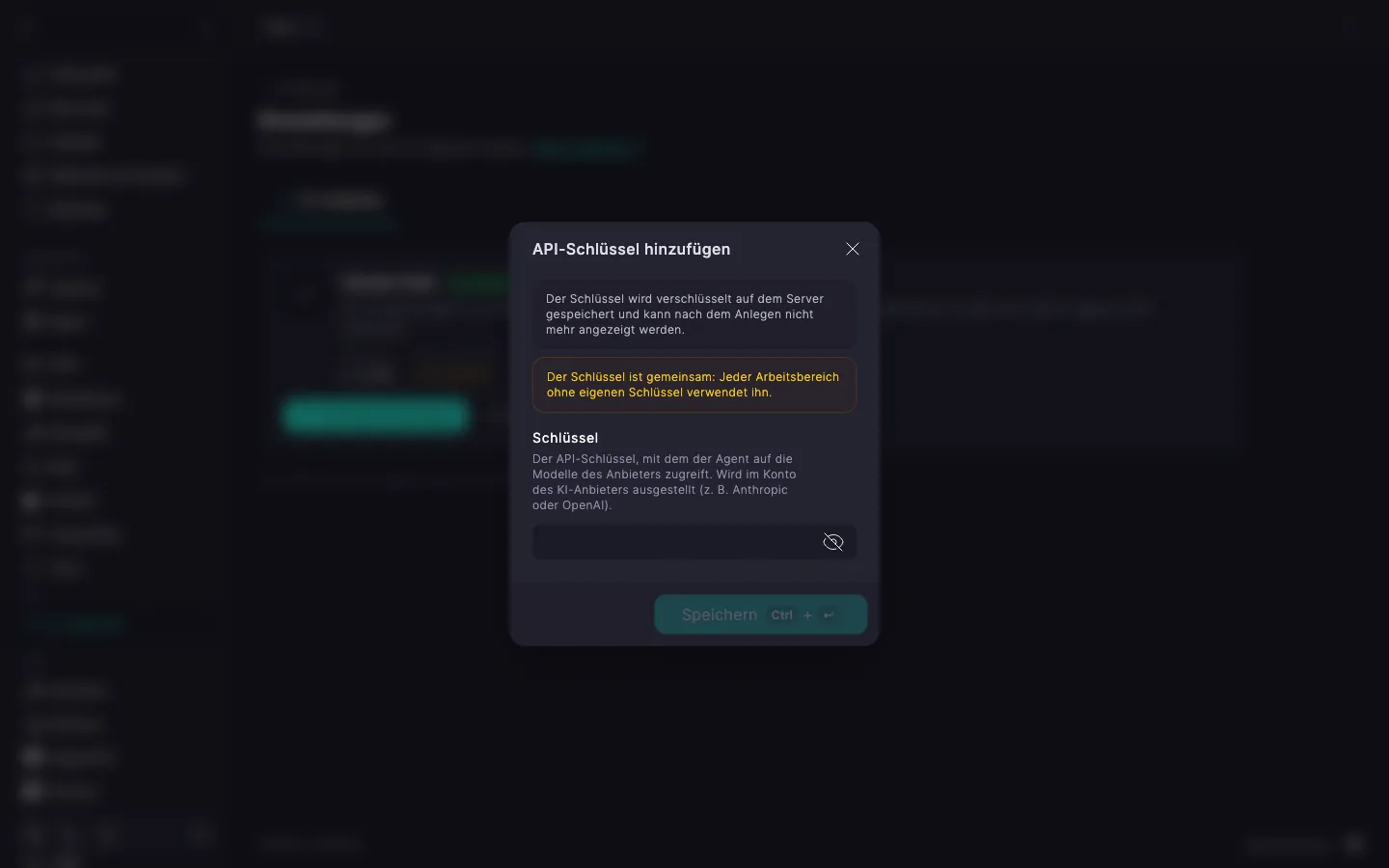 Dialog „API-Schlüssel hinzufügen“ mit dem Feld „Schlüssel“ und der Schaltfläche „Speichern“