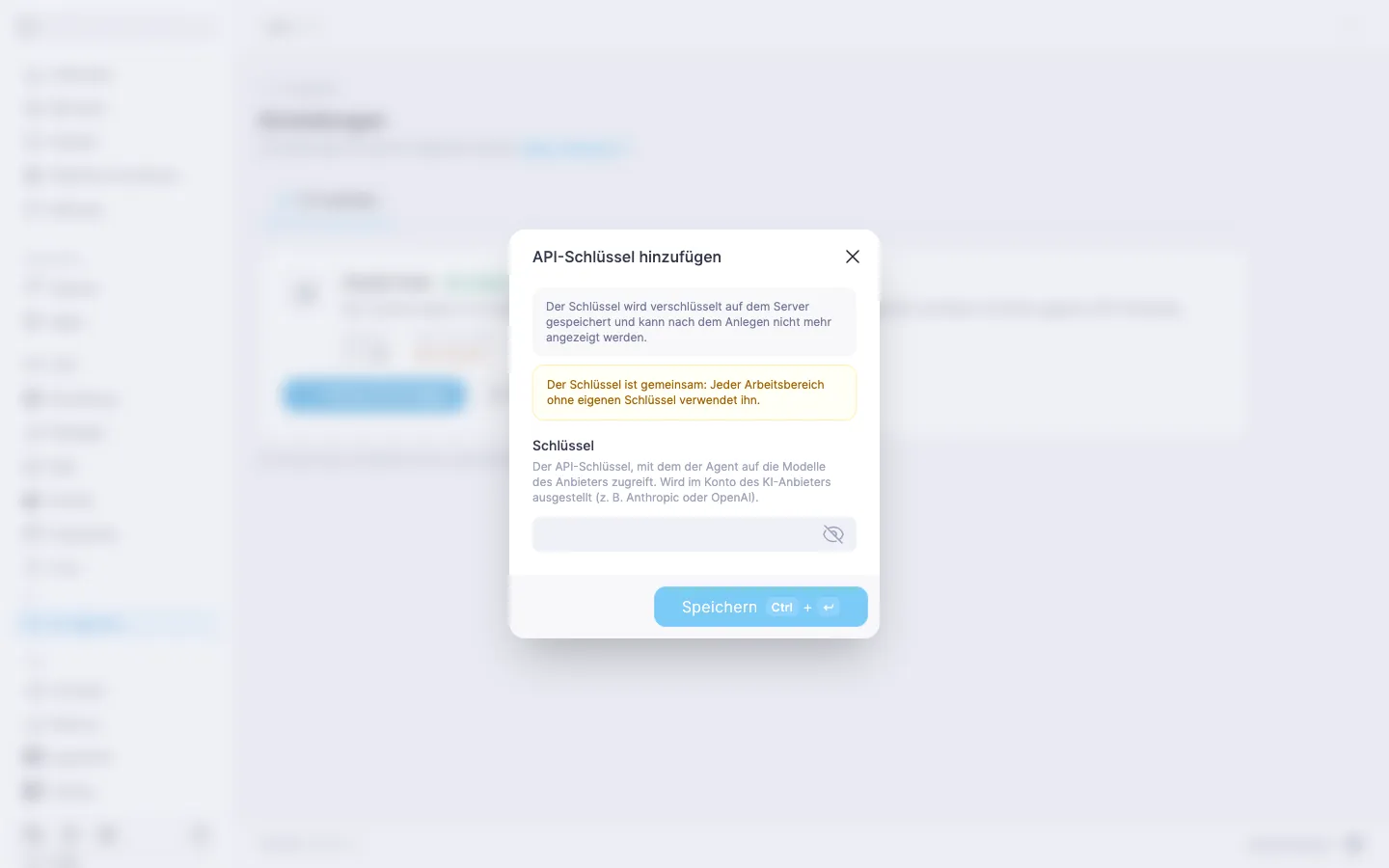 Dialog „API-Schlüssel hinzufügen“ mit dem Feld „Schlüssel“ und der Schaltfläche „Speichern“