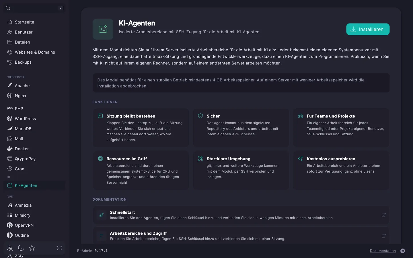 Seite des Moduls „KI-Agenten“ vor der Installation — Modulbeschreibung, Hinweis zum Arbeitsspeicher und die Schaltfläche „Installieren“