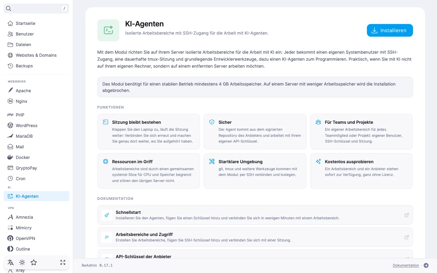 Seite des Moduls „KI-Agenten“ vor der Installation — Modulbeschreibung, Hinweis zum Arbeitsspeicher und die Schaltfläche „Installieren“