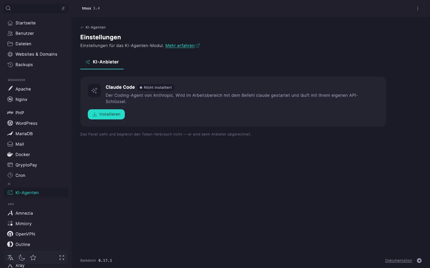Moduleinstellungen, Tab „KI-Anbieter“ — die Karte von Claude Code mit dem Status „Nicht installiert“ und der Schaltfläche „Installieren“