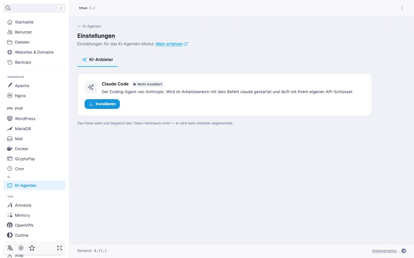Moduleinstellungen, Tab „KI-Anbieter“ — die Karte von Claude Code mit dem Status „Nicht installiert“ und der Schaltfläche „Installieren“