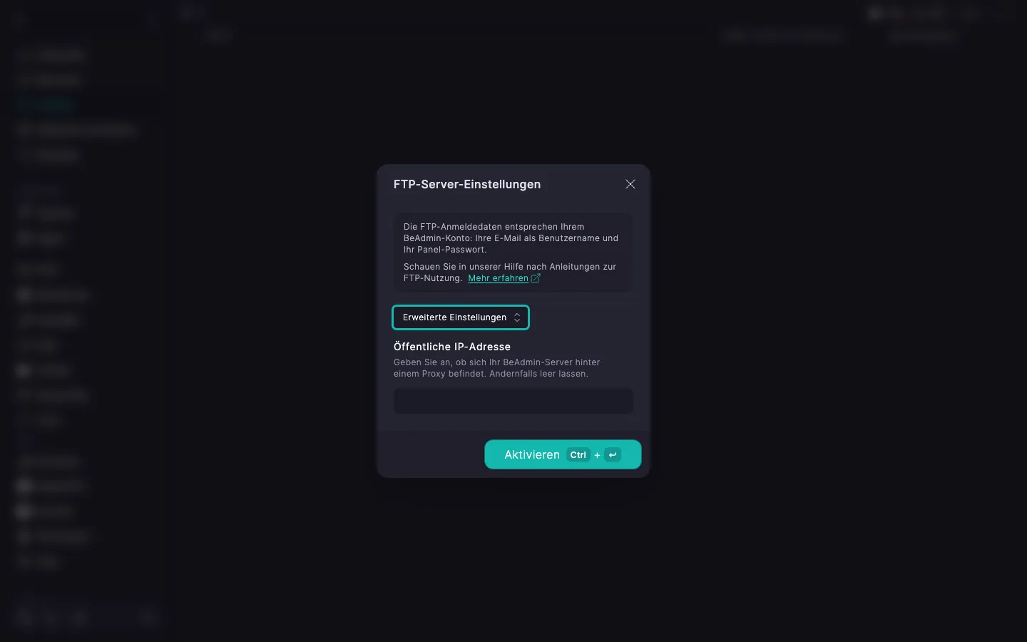 Dialog **FTP-Server-Einstellungen** mit aufgeklapptem Block **Erweiterte Parameter** und sichtbarem Feld **Öffentliche IP-Adresse**