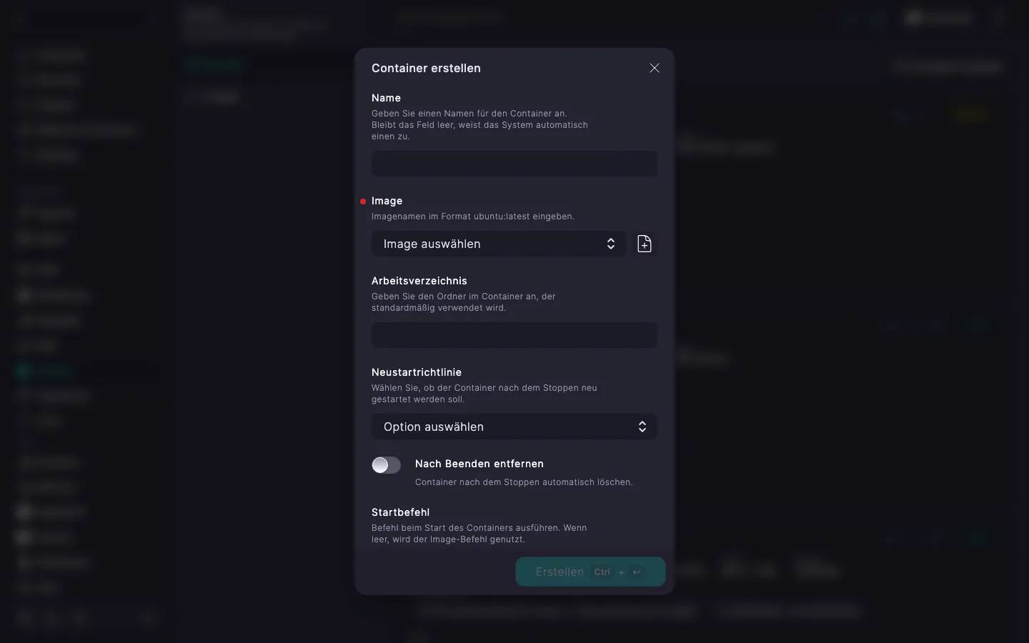 Dialog zum Erstellen eines Containers mit Standardwerten der Felder