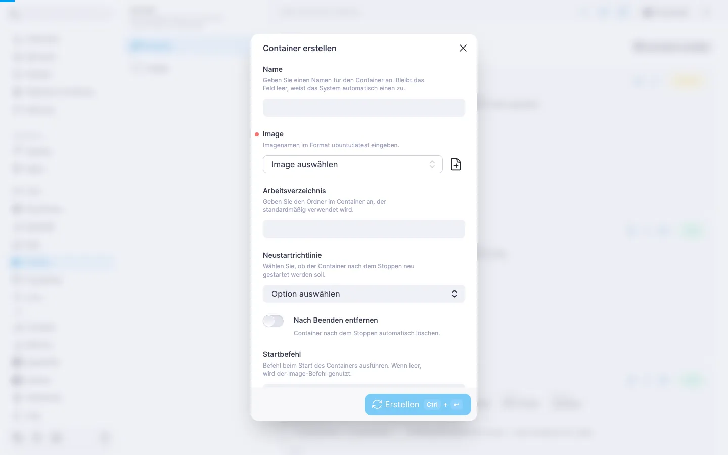 Dialog zum Erstellen eines Containers mit Standardwerten der Felder