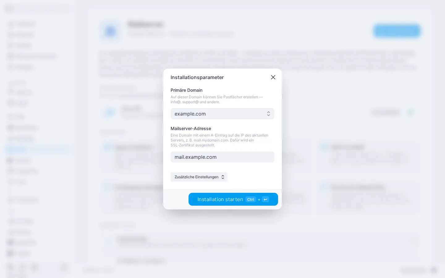 Das Fenster „Installationsparameter“ des Mailservers: die Felder „Primäre Domain“ (example.com) und „Mailserver-Adresse“ (mail.example.com), der eingeklappte Bereich „Zusätzliche Einstellungen“ und die Schaltfläche „Installation starten“