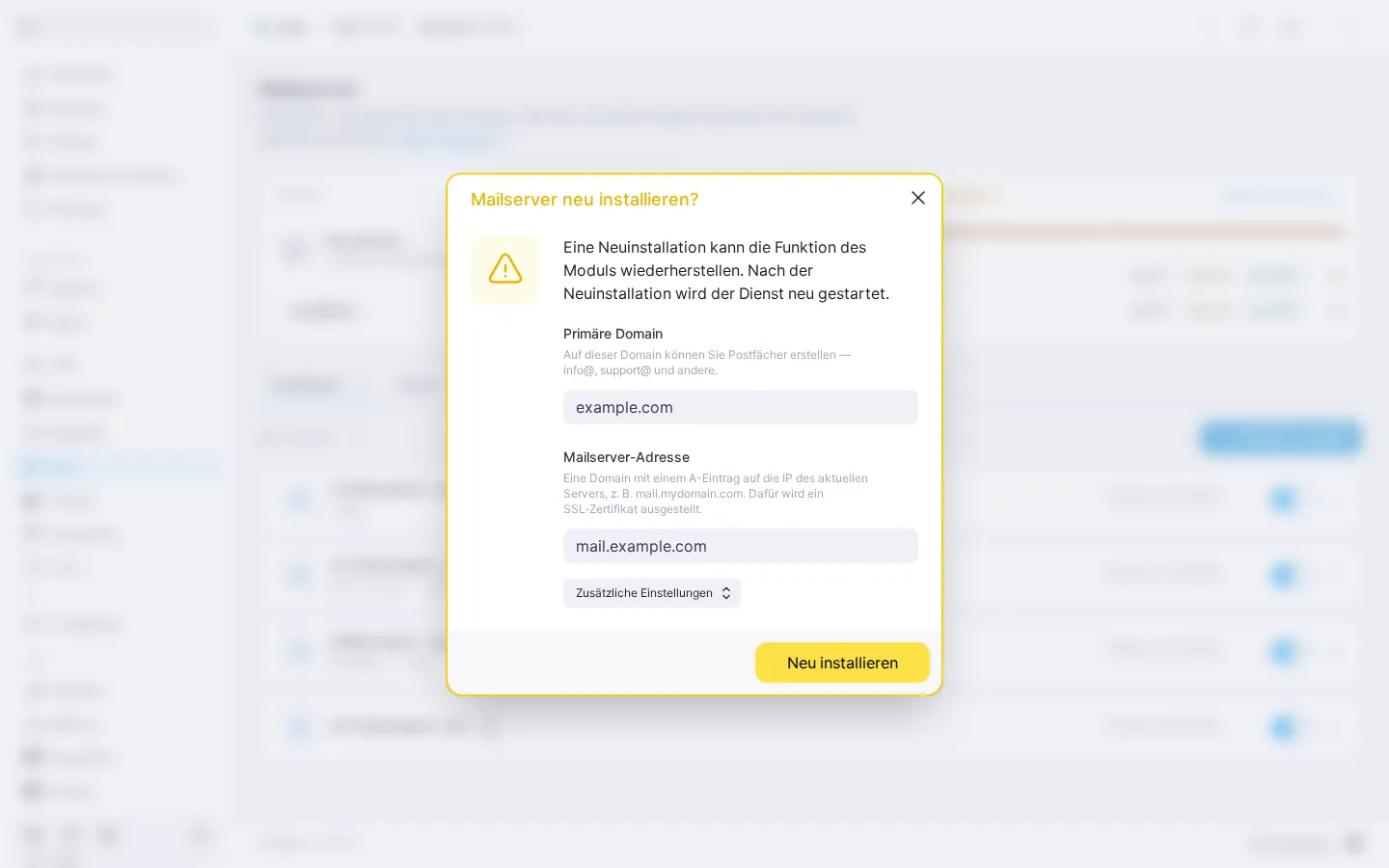 Das Fenster „Mailserver neu installieren?“: die Felder „Primäre Domain“ und „Mailserver-Adresse“, der eingeklappte Bereich „Zusätzliche Einstellungen“ und die Schaltfläche „Neu installieren“