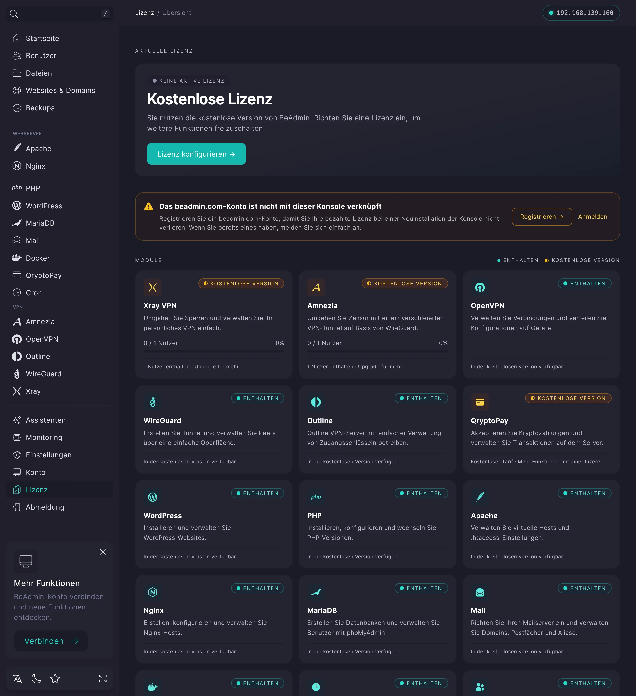 Die Seite Lizenz in der kostenlosen Version: Schaltfläche Lizenz konfigurieren in der Kopfzeile und die Liste der Module