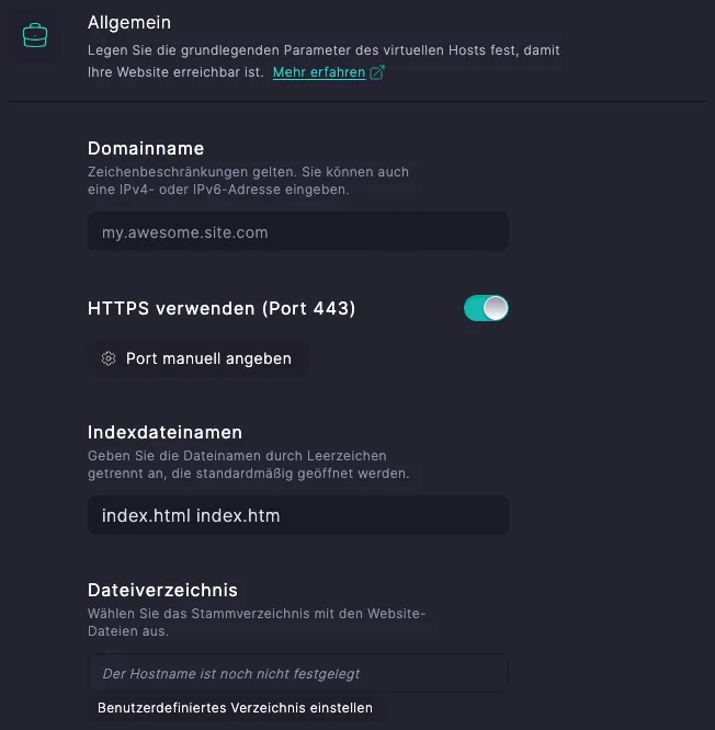 Schalter «HTTPS verwenden (Port 443)» im Formular zum Erstellen eines virtuellen Hosts