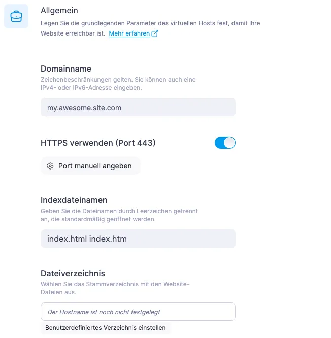 Schalter «HTTPS verwenden (Port 443)» im Formular zum Erstellen eines virtuellen Hosts
