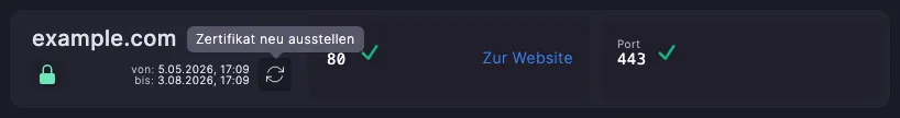 Pfeilsymbol zum Ausstellen oder Neuausstellen eines Zertifikats im Bereich «Websites und Domains» mit dem Tooltip «Zertifikat neu ausstellen»