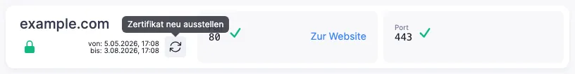 Pfeilsymbol zum Ausstellen oder Neuausstellen eines Zertifikats im Bereich «Websites und Domains» mit dem Tooltip «Zertifikat neu ausstellen»