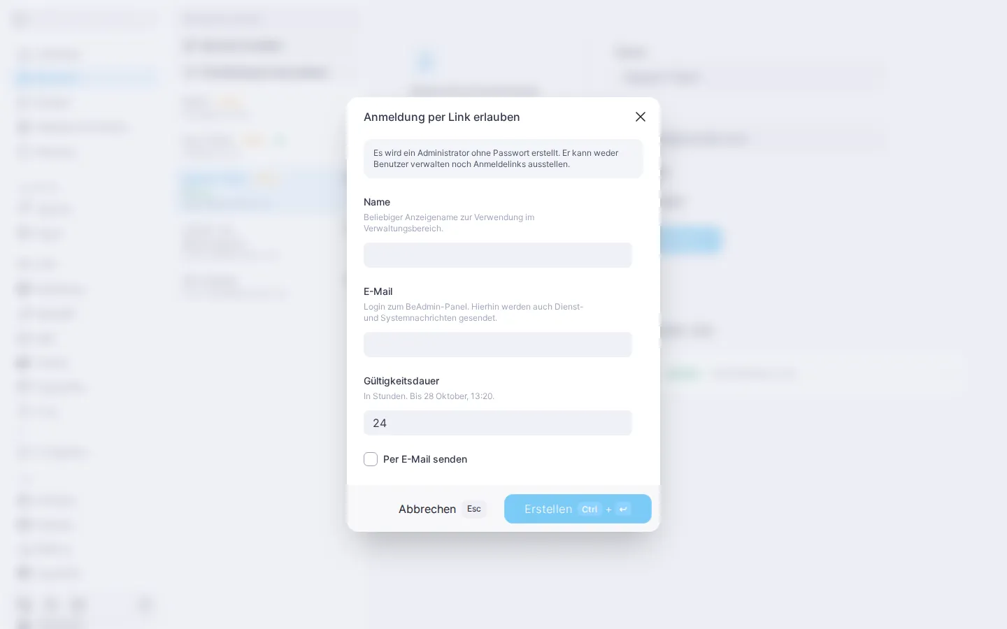 Dialog „Anmeldung per Link erlauben“ mit Standardwerten