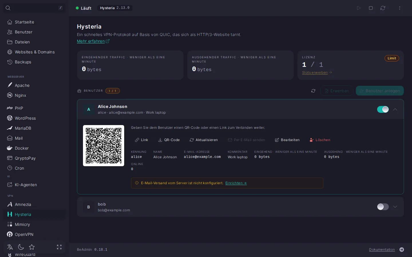 Ausgeklappte Hysteria-Benutzerzeile: QR-Code, Schaltflächen „Link“, „QR-Code“, „Aktualisieren“, „Per E-Mail senden“, „Bearbeiten“, „Löschen“ sowie Kacheln mit Kennung, Name, E-Mail, Traffic und dem Status „ONLINE“