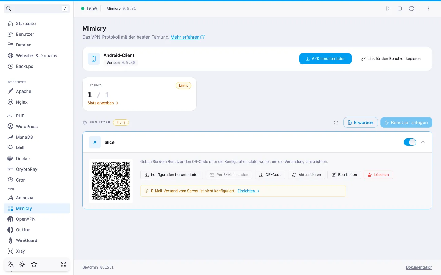 ausgeklappte Mimicry-Nutzerzeile mit QR-Code, Kacheln für E-Mail und Kommentar und den Schaltflächen «Konfiguration herunterladen», «Per E-Mail», «QR-Code», «Neu laden», «Bearbeiten», «Entfernen»