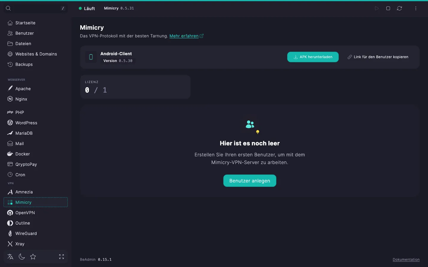 Mimicry-Modulseite direkt nach der Installation — Dienststatus und eine leere Karte mit der Schaltfläche «Nutzer anlegen»