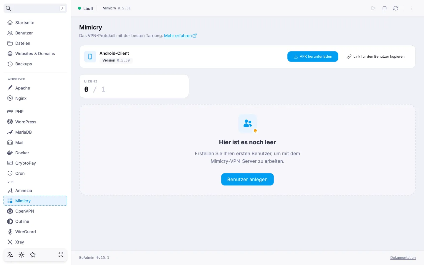 Mimicry-Modulseite direkt nach der Installation — Dienststatus und eine leere Karte mit der Schaltfläche «Nutzer anlegen»