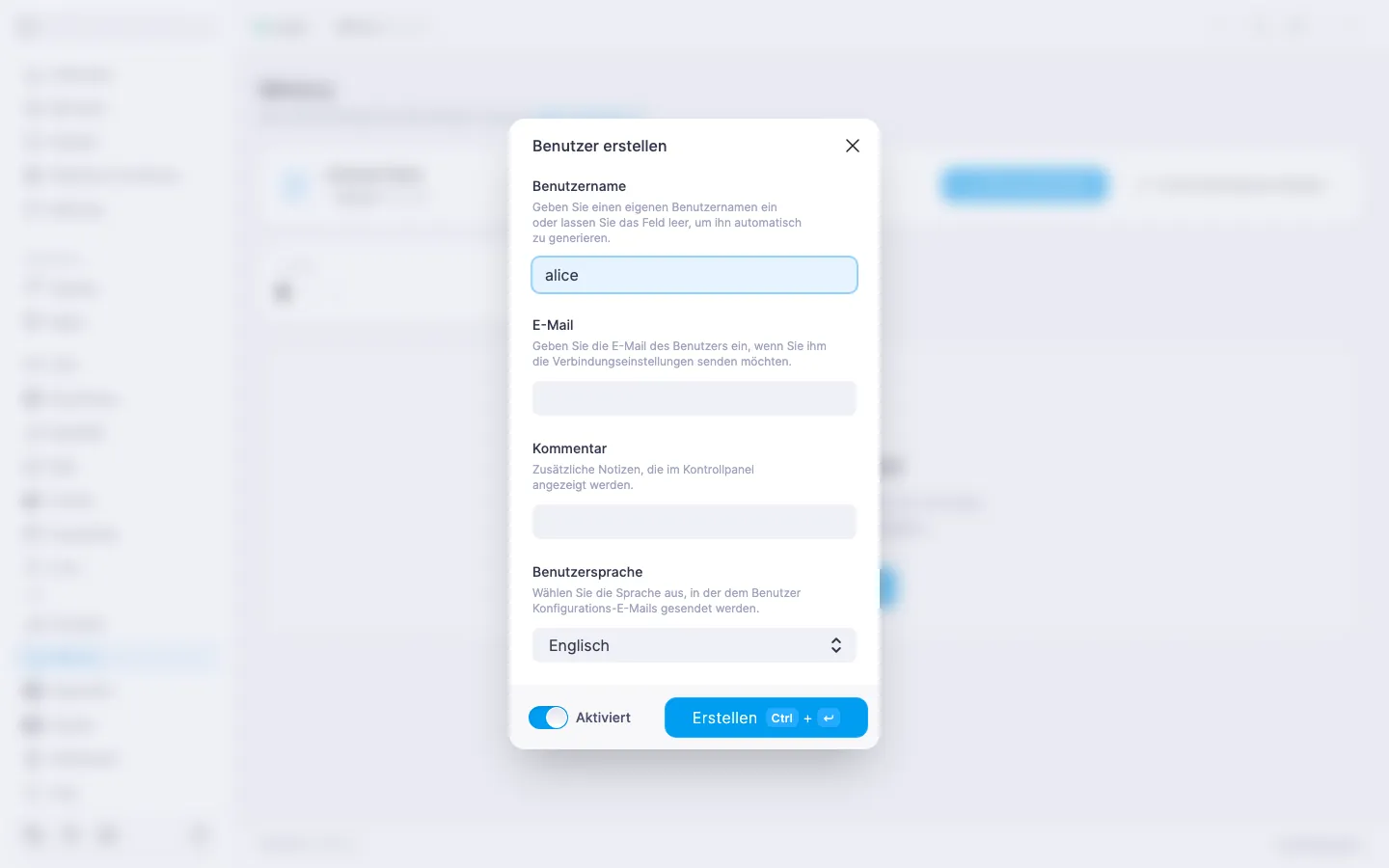 Mimicry-Dialog zum Anlegen eines Nutzers mit den Feldern «Nutzername», «E-Mail», «Kommentar», «Sprache des Nutzers» und dem Schalter «Aktiviert»