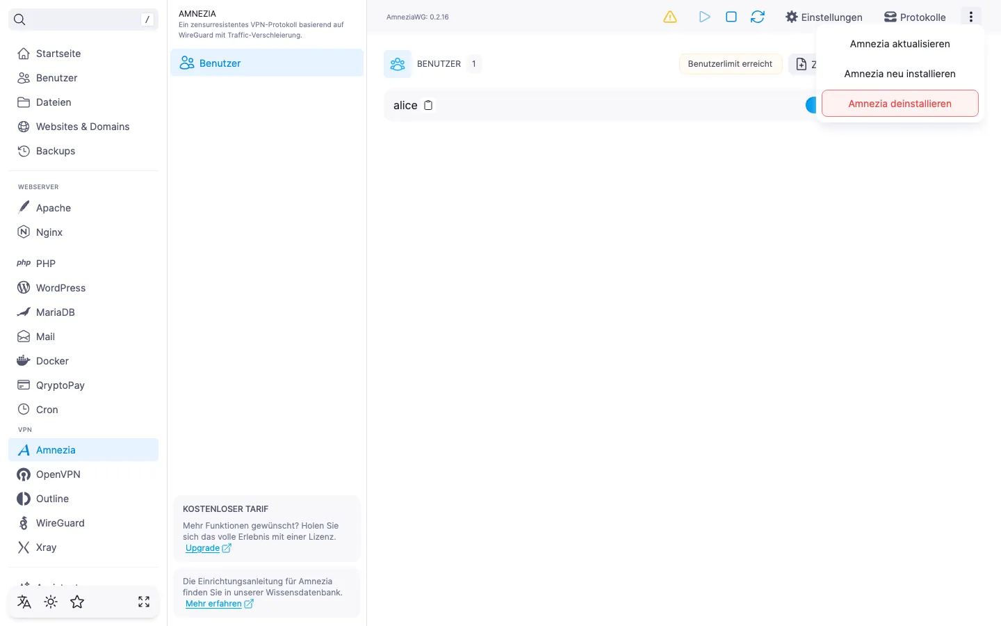 Geöffnetes Aktionsmenü des Moduls mit den Einträgen «Amnezia aktualisieren», «Amnezia neu installieren» und «Amnezia deinstallieren»