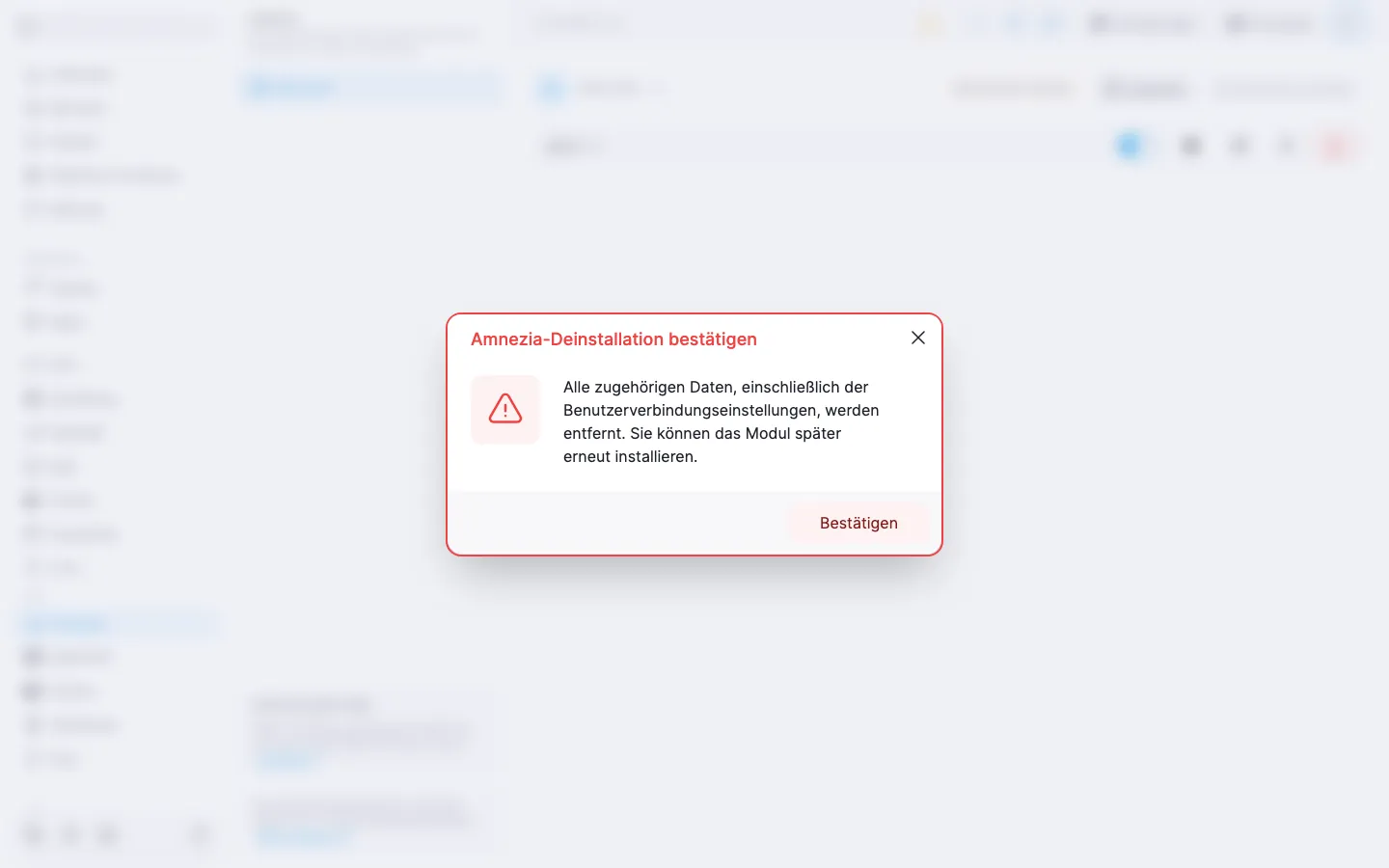 Bestätigungsdialog für die Deinstallation des Amnezia-Moduls mit Warnhinweis und Schaltfläche «Bestätigen»