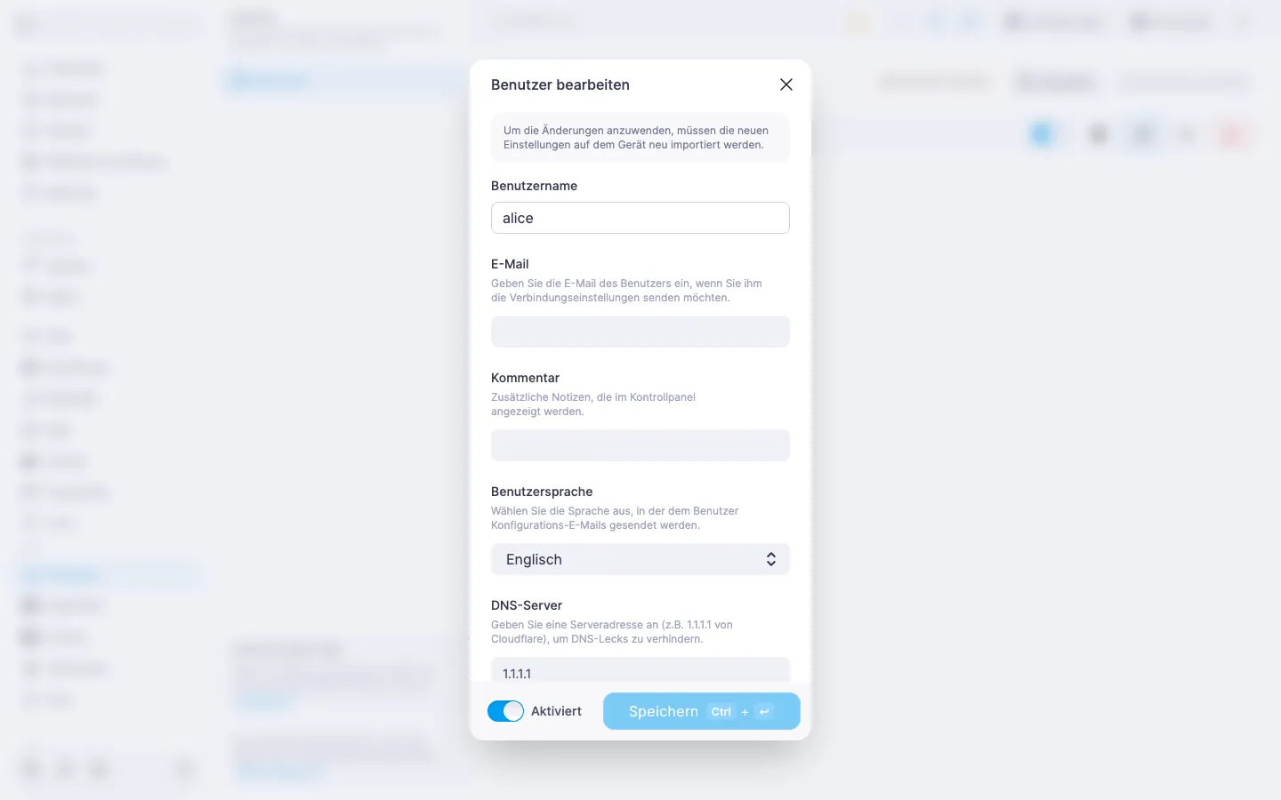 Amnezia-Dialog zum Bearbeiten eines Benutzers mit der Dropdown-Liste «Benutzersprache» auf «Englisch»