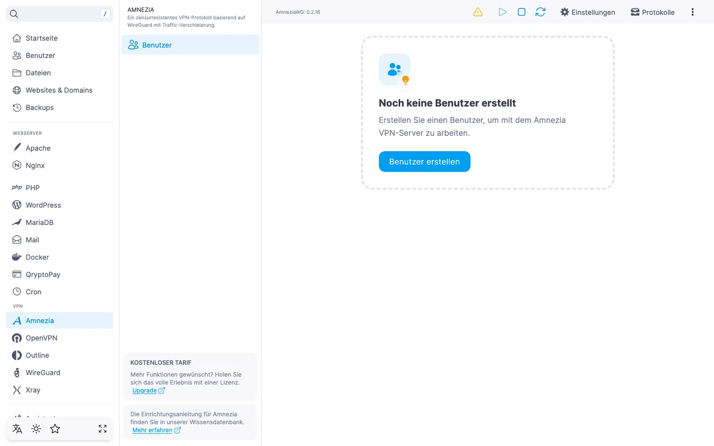 Amnezia-Modulseite direkt nach der Installation: leere Benutzerliste und Schaltfläche «Benutzer erstellen»