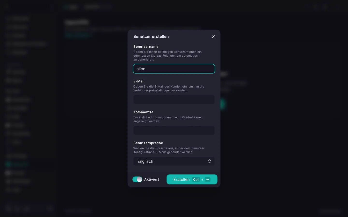 Dialog zum Anlegen eines OpenVPN-Nutzers mit den Feldern «Nutzername», «E-Mail», «Kommentar», «Sprache des Nutzers» und dem Schalter «Aktiviert»