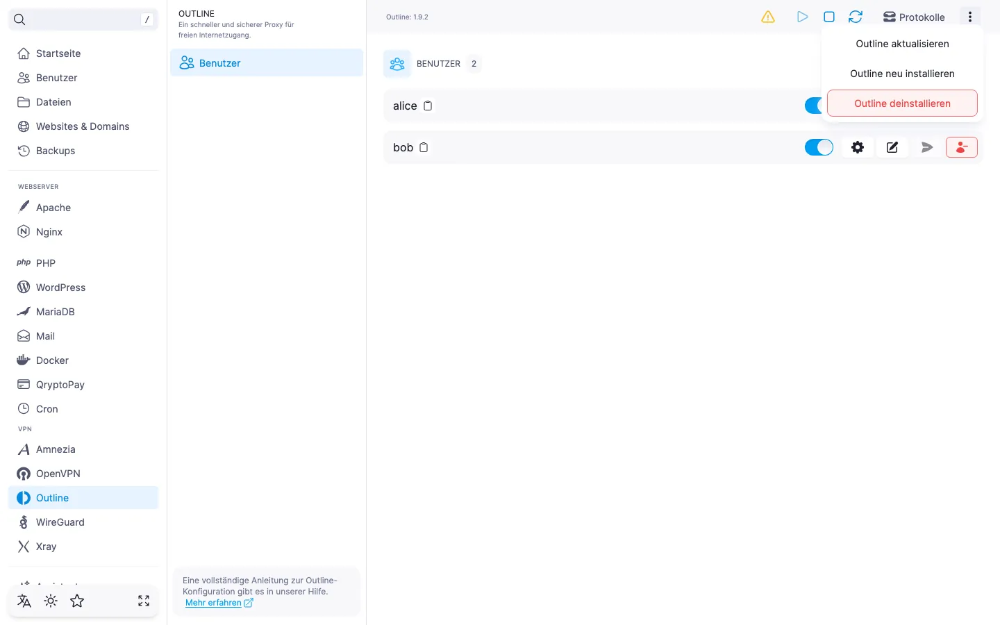 Geöffnetes Aktionsmenü des Moduls mit den Einträgen «Outline aktualisieren», «Outline neu installieren» und «Outline deinstallieren»