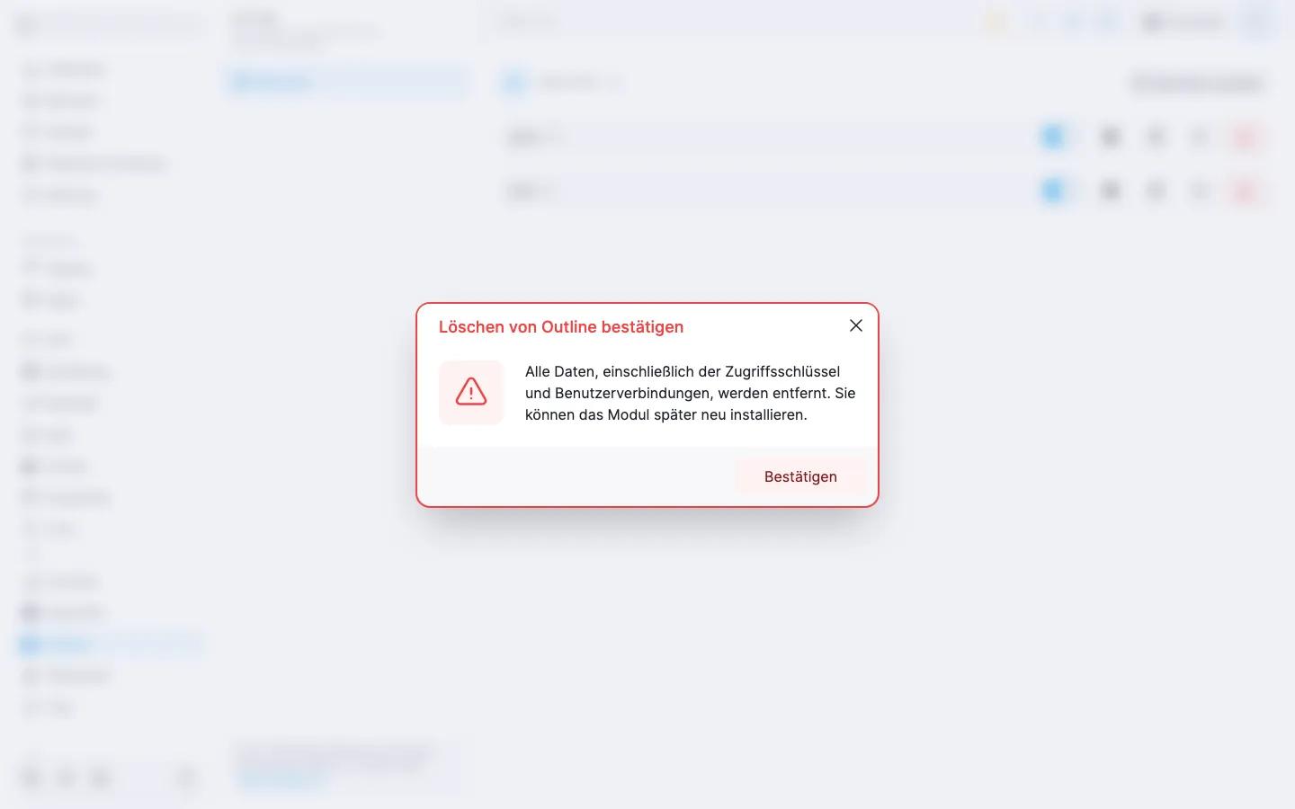 Bestätigungsdialog für die Deinstallation des Outline-Moduls mit Warnhinweis und Schaltfläche «Bestätigen»