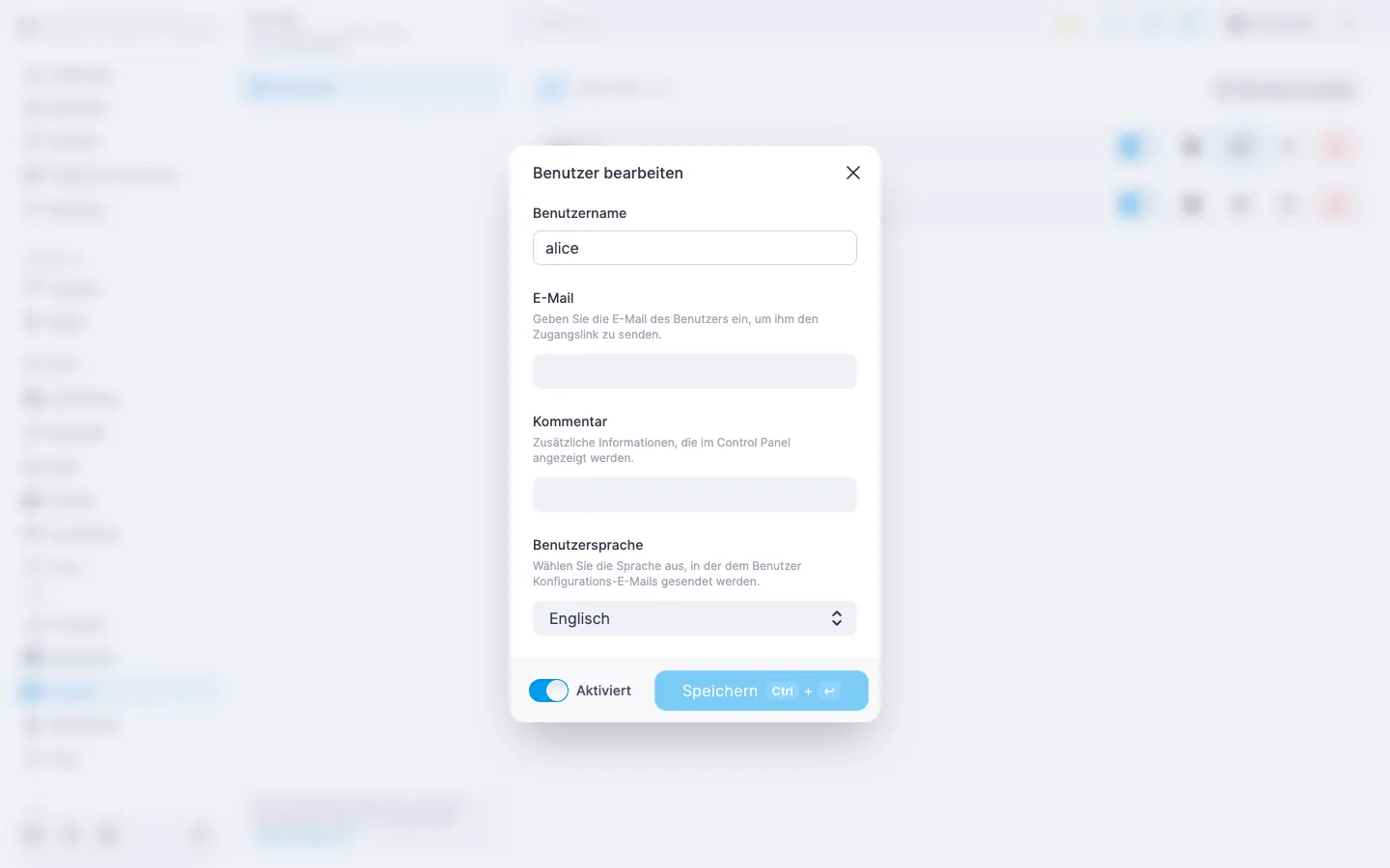 Outline-Dialog zum Bearbeiten eines Benutzers mit der Dropdown-Liste «Benutzersprache» auf «Englisch»