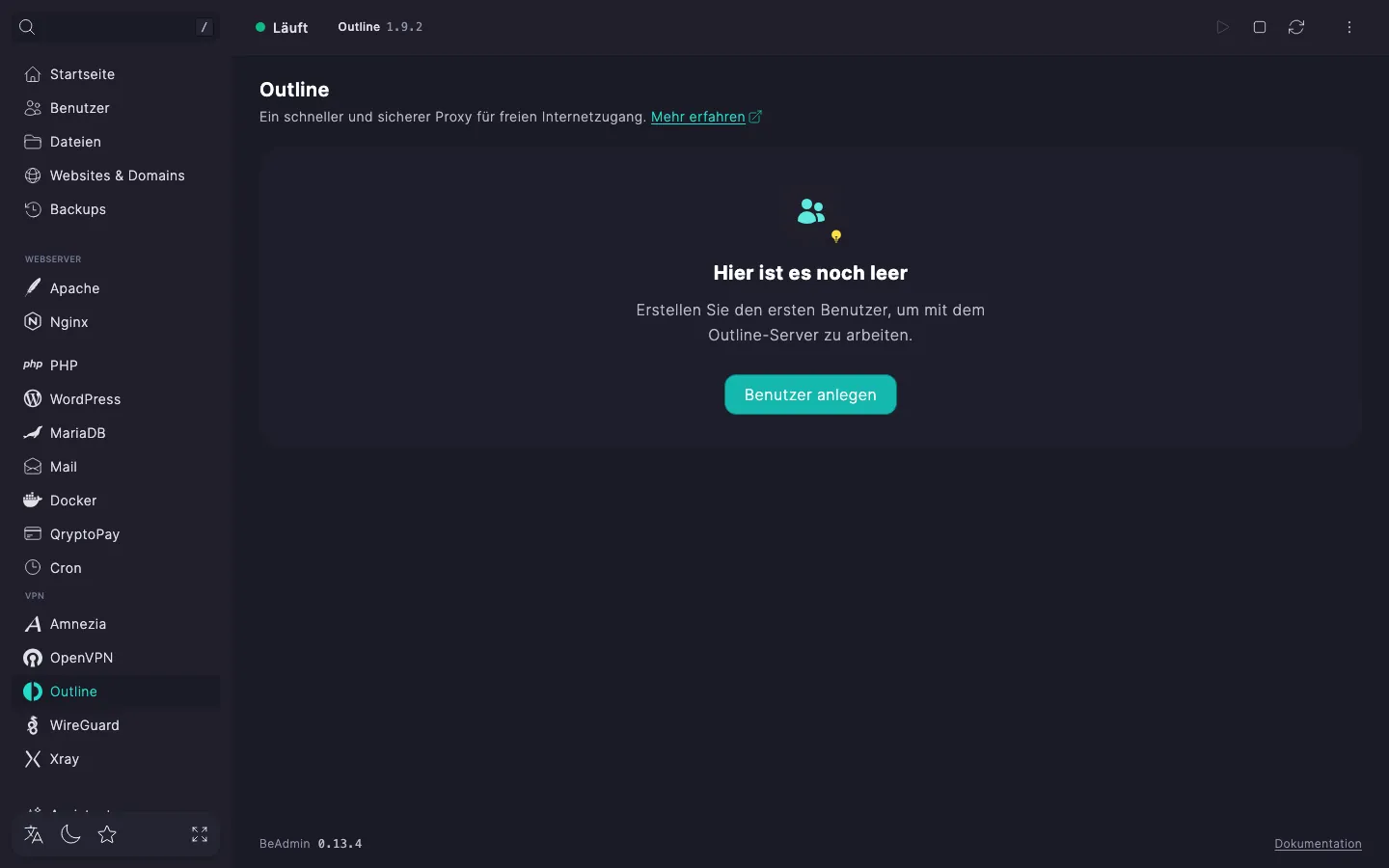 Outline-Modulseite direkt nach der Installation: Dienststatus und leere Karte mit der Schaltfläche «Nutzer anlegen»