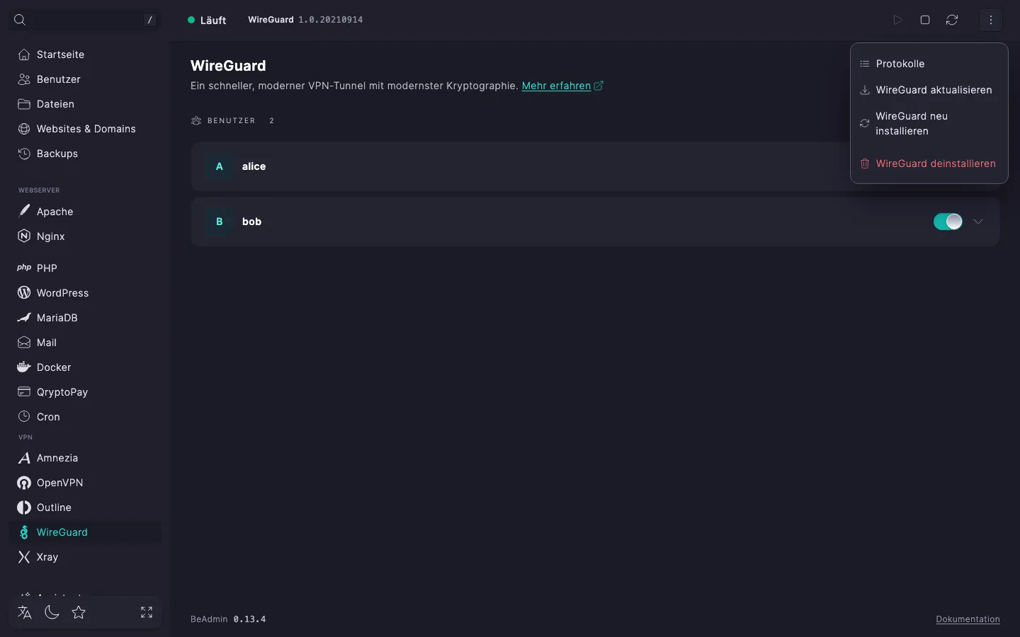Ausgeklapptes Aktionsmenü des WireGuard-Moduls mit den Einträgen «Protokolle», «Moduleinstellungen», «WireGuard aktualisieren», «WireGuard neu installieren» und «WireGuard entfernen»