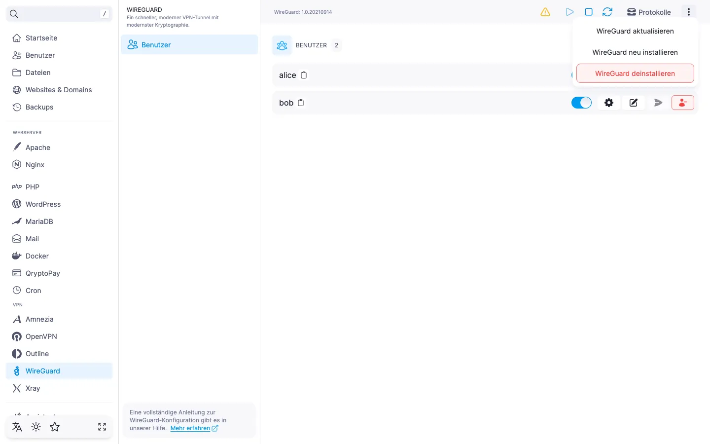 Geöffnetes Aktionsmenü des Moduls mit den Einträgen «WireGuard aktualisieren», «WireGuard neu installieren» und «WireGuard deinstallieren»