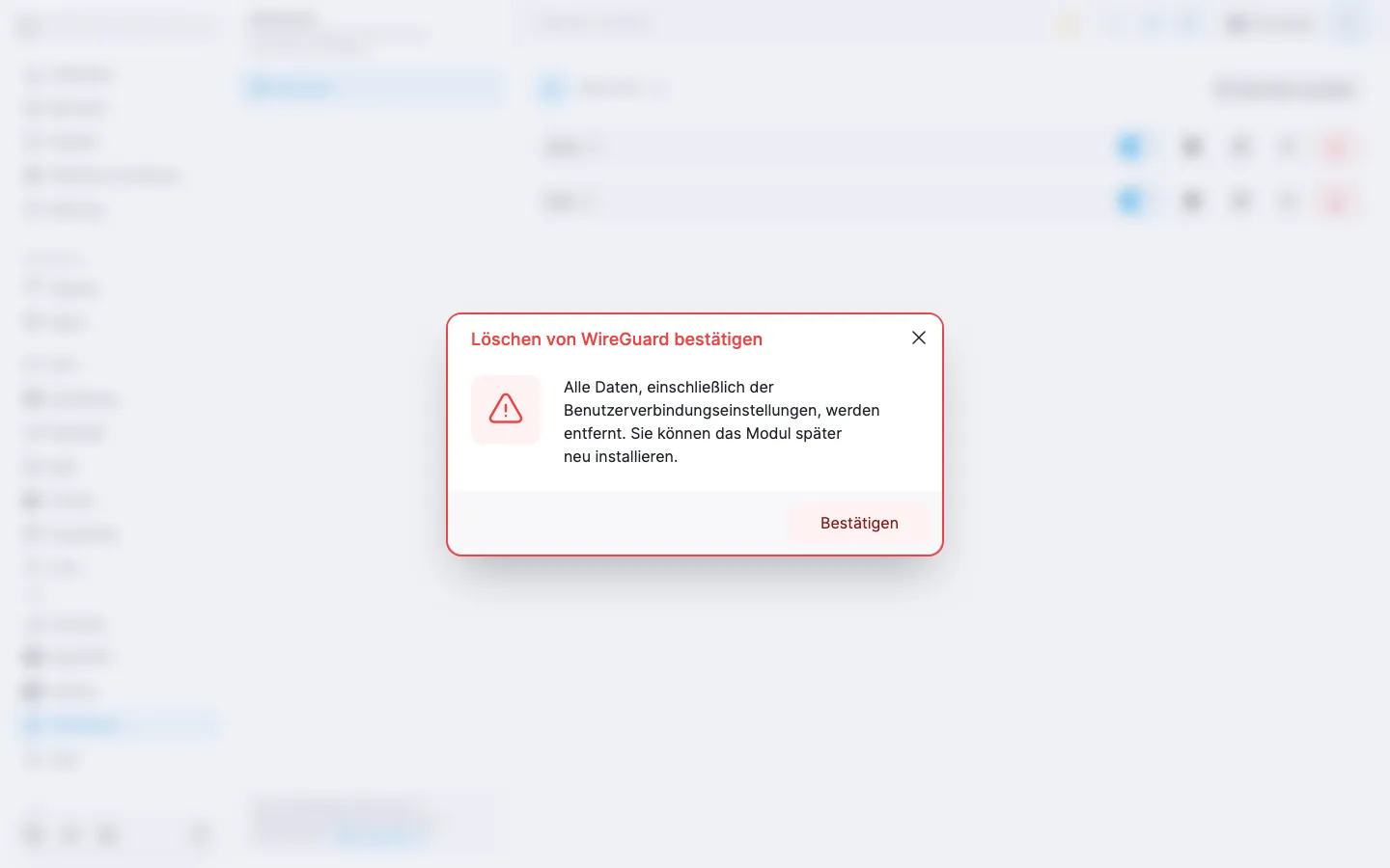 Bestätigungsdialog für die Deinstallation des WireGuard-Moduls mit Warnhinweis und Schaltfläche «Bestätigen»