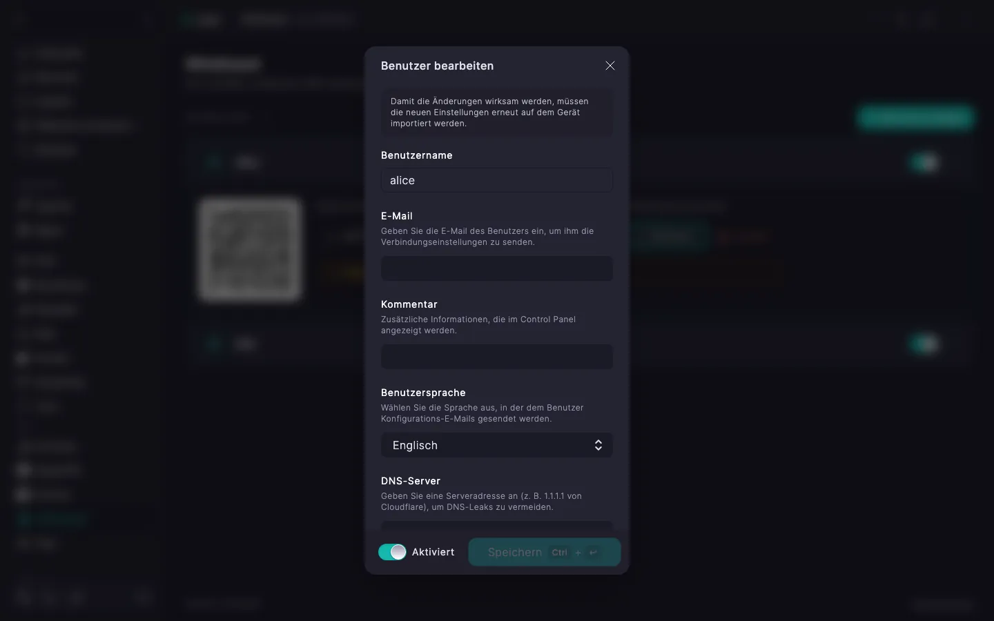 WireGuard-Dialog zum Bearbeiten eines Nutzers mit der Auswahlliste «Sprache des Nutzers» mit dem Wert «Englisch»