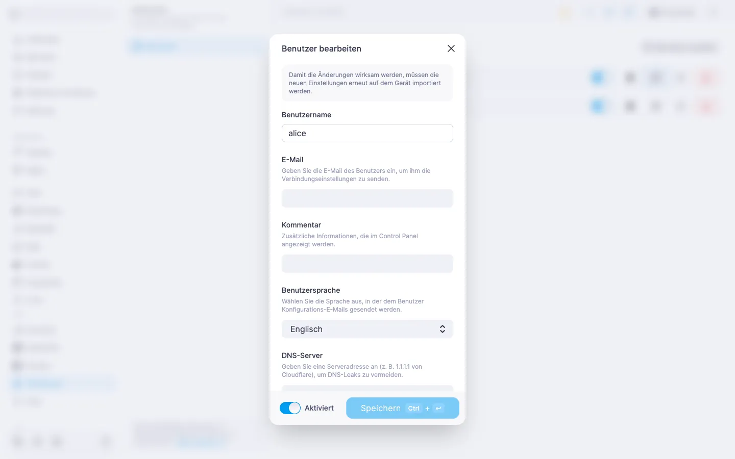 WireGuard-Dialog zum Bearbeiten eines Benutzers mit der Dropdown-Liste «Benutzersprache» auf «Englisch»