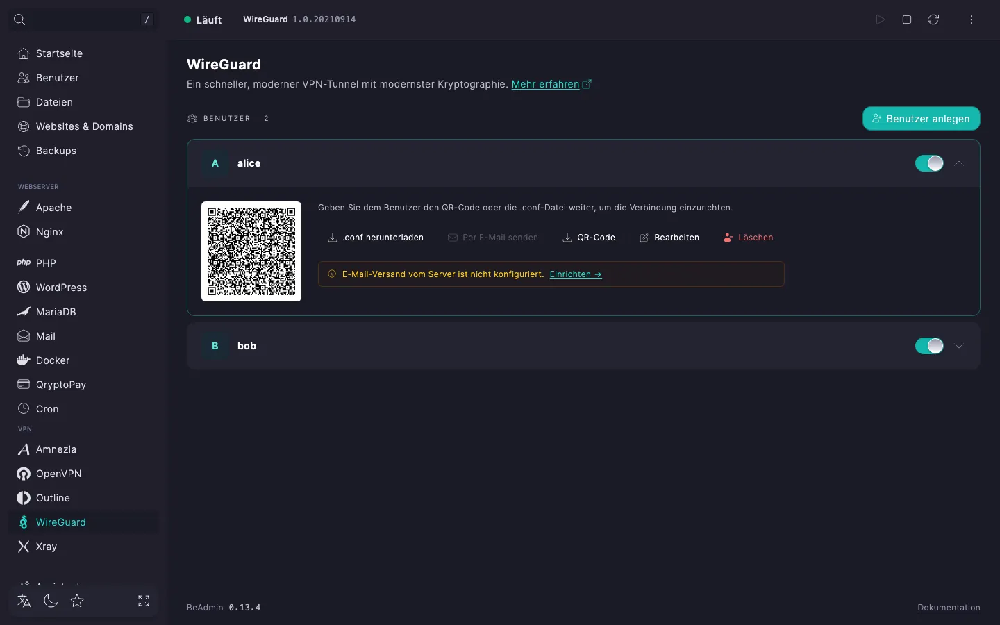Ausgeklappte WireGuard-Nutzerzeile mit QR-Code, Kacheln für E-Mail und Kommentar und Schaltflächen «.conf herunterladen», «Per E-Mail», «QR-Code», «Bearbeiten», «Löschen»
