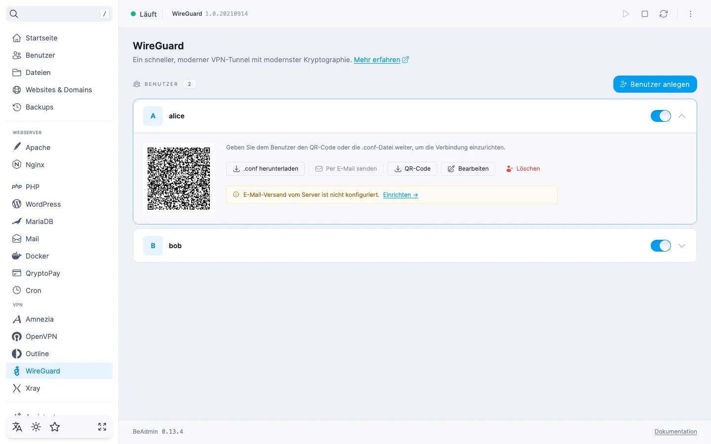 Ausgeklappte WireGuard-Nutzerzeile mit QR-Code, Kacheln für E-Mail und Kommentar und Schaltflächen «.conf herunterladen», «Per E-Mail», «QR-Code», «Bearbeiten», «Löschen»