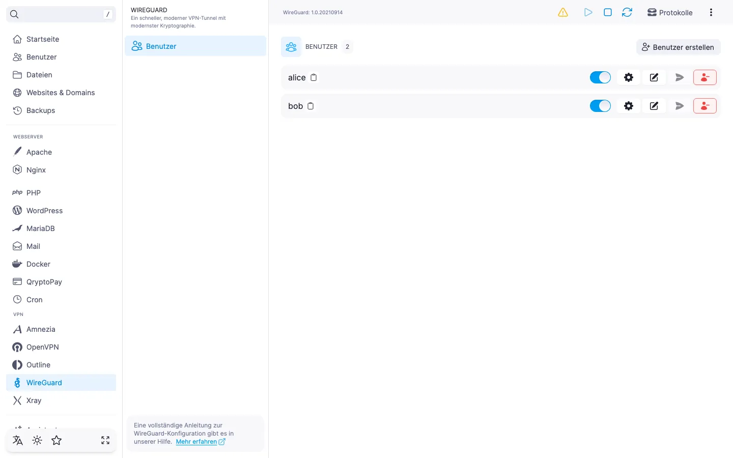 Benutzerliste des WireGuard-Moduls mit zwei Einträgen (alice und bob) und der Schaltfläche «Benutzer erstellen»