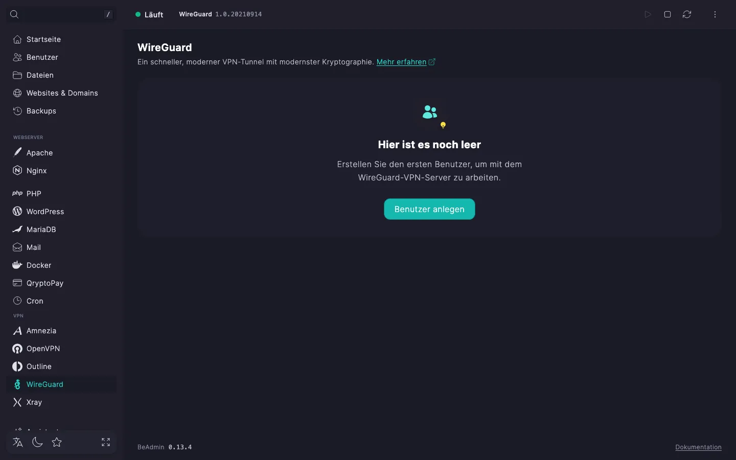 WireGuard-Modulseite direkt nach der Installation: Dienststatus und leere Karte mit der Schaltfläche «Nutzer anlegen»