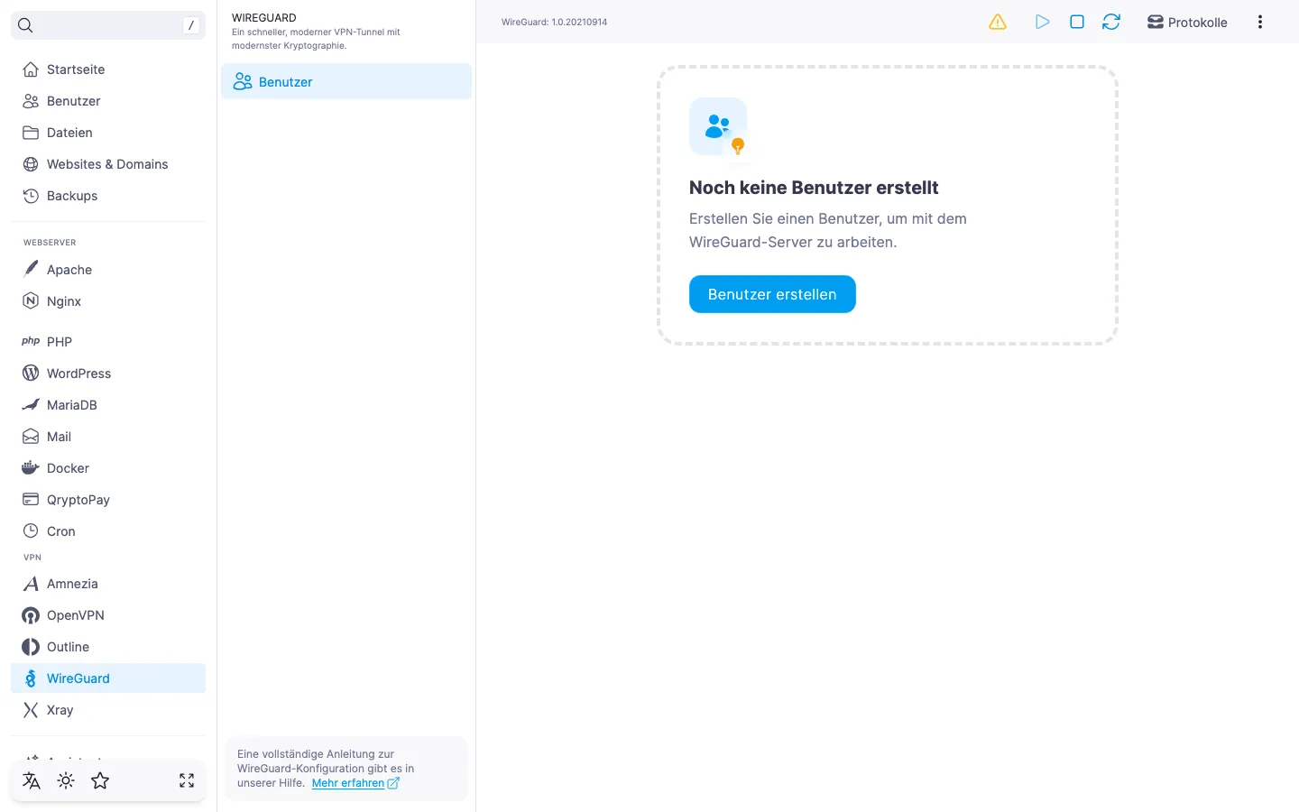 WireGuard-Modulseite direkt nach der Installation: leere Benutzerliste und Schaltfläche «Benutzer erstellen»