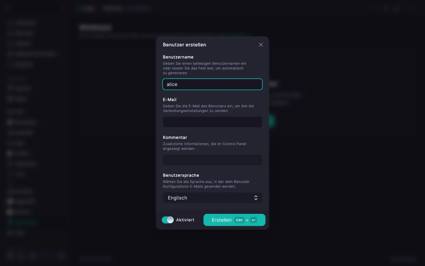 WireGuard-Dialog zum Anlegen eines Nutzers mit den Feldern «Nutzername», «E-Mail», «Kommentar», «Sprache des Nutzers» und dem Schalter «Aktiviert»