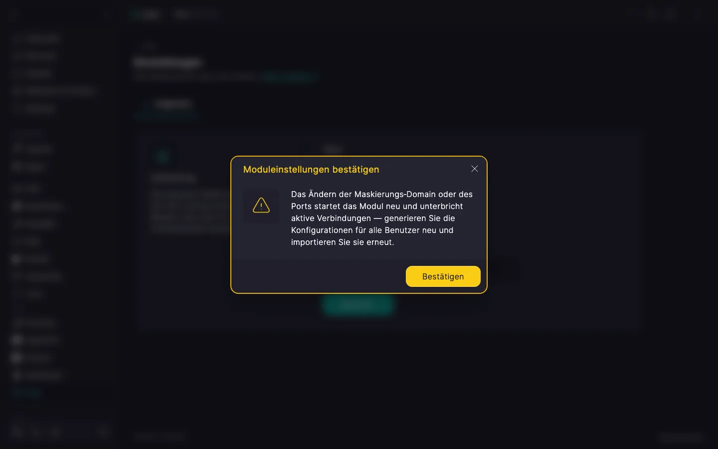 Der Dialog «Moduleinstellungen ändern bestätigen» mit dem Hinweis, dass die Änderung das Modul neu startet und aktive Verbindungen trennt