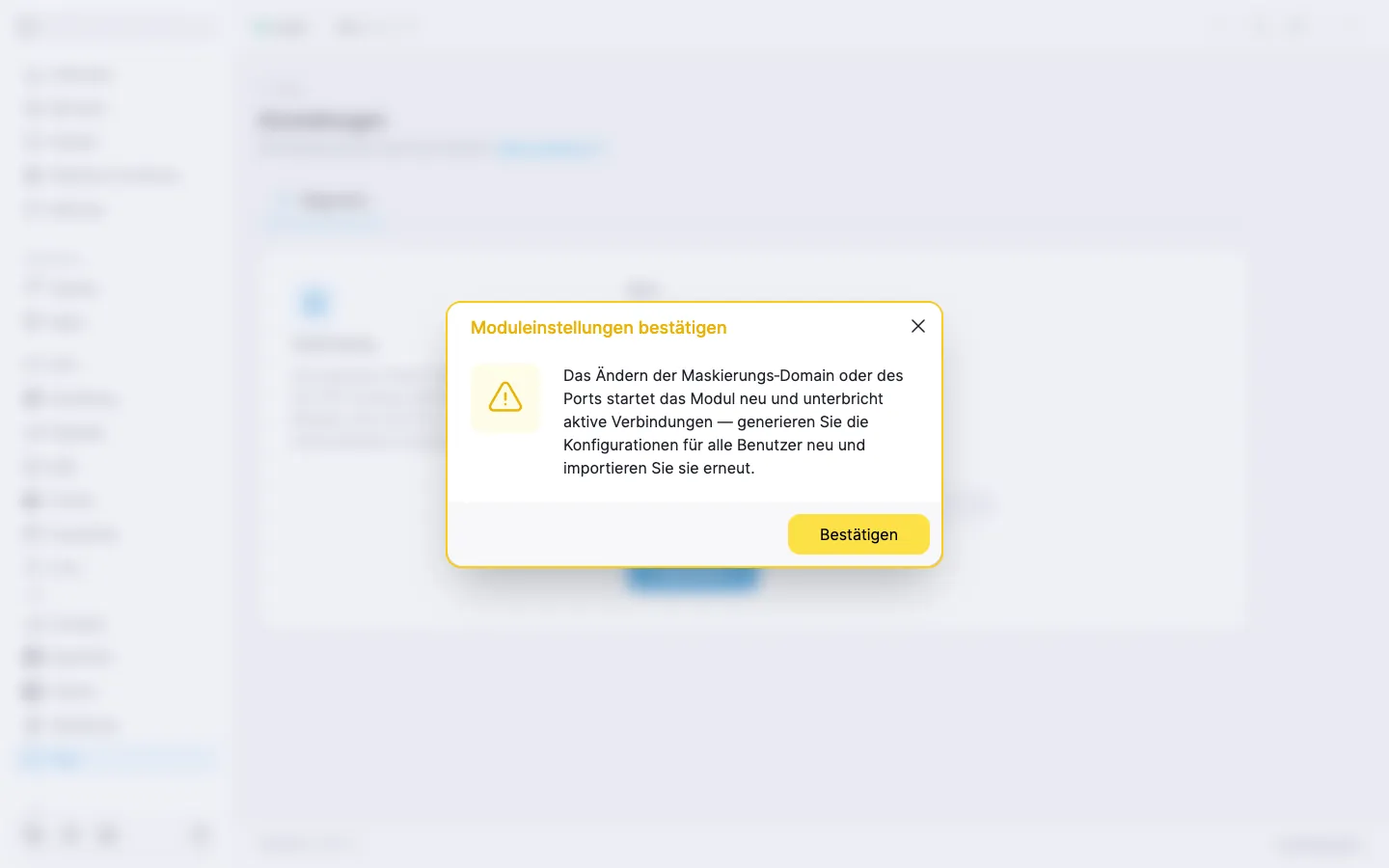 Der Dialog «Moduleinstellungen ändern bestätigen» mit dem Hinweis, dass die Änderung das Modul neu startet und aktive Verbindungen trennt
