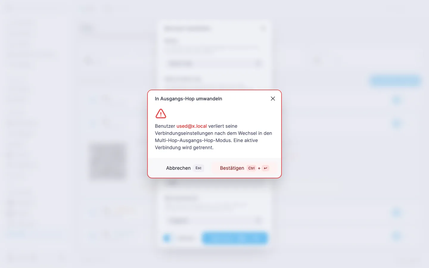 Der Dialog «In Ausgangs-Hop umwandeln» mit dem Hinweis, dass der Benutzer seine eigene Verbindungskonfiguration verliert und aktive Verbindungen getrennt werden