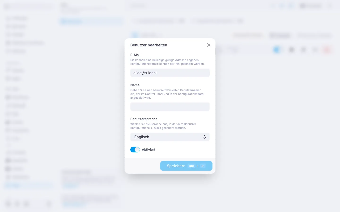 Xray-Dialog zum Bearbeiten eines Benutzers mit der Dropdown-Liste «Benutzersprache» auf «Englisch»