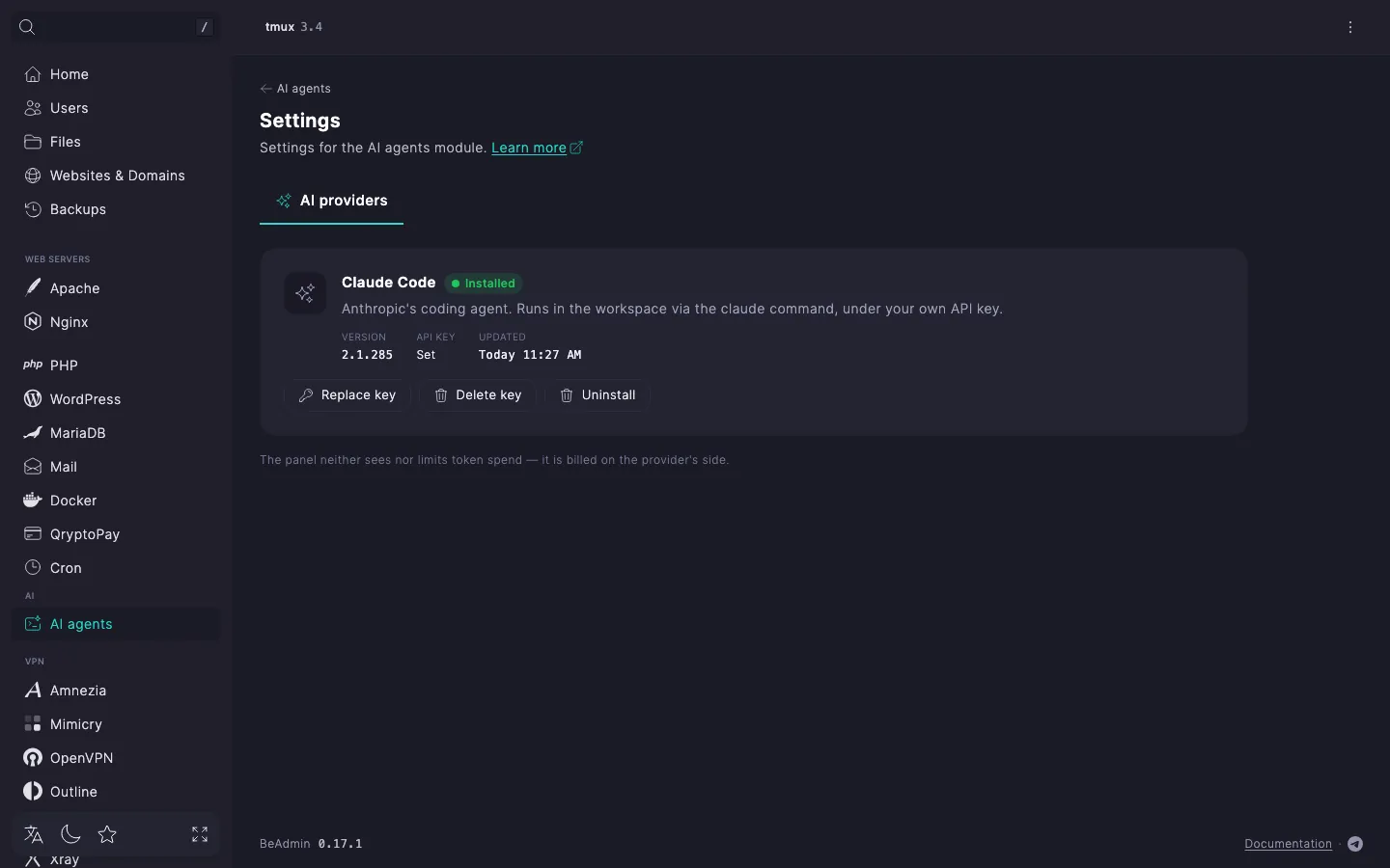module settings, AI providers tab — the provider card with the shared key set